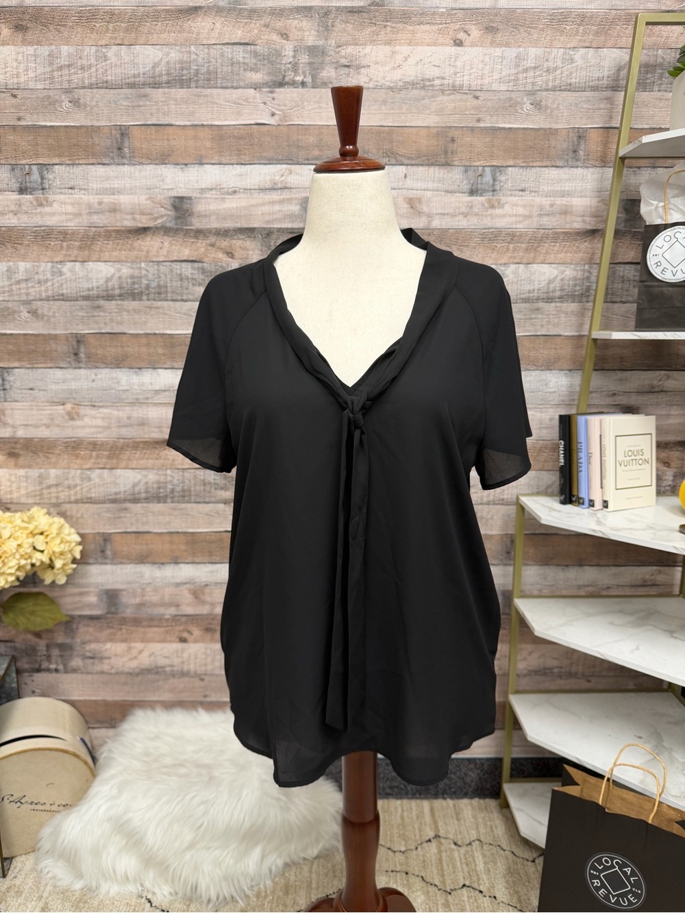 Pleione black sheer tie-front v-neck blouse L